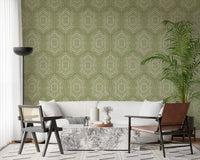 Boho-malet tapet – abstrakte Mudcloth-hexagoner med et stammemæssigt geometrisk mønster i enggrønnes nuancer