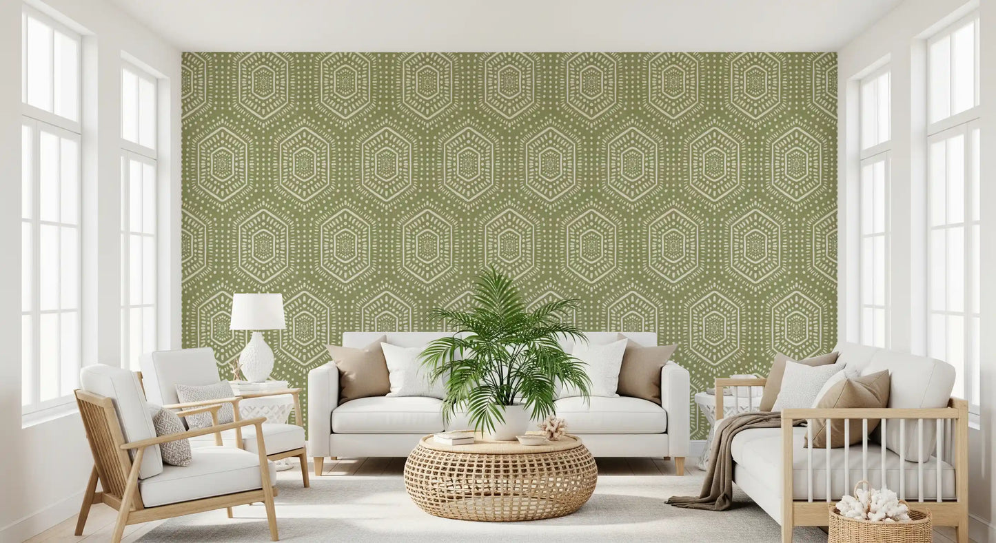Boho-malet tapet – abstrakte Mudcloth-hexagoner med et stammemæssigt geometrisk mønster i enggrønnes nuancer