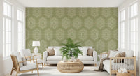 Boho-malet tapet – abstrakte Mudcloth-hexagoner med et stammemæssigt geometrisk mønster i enggrønnes nuancer