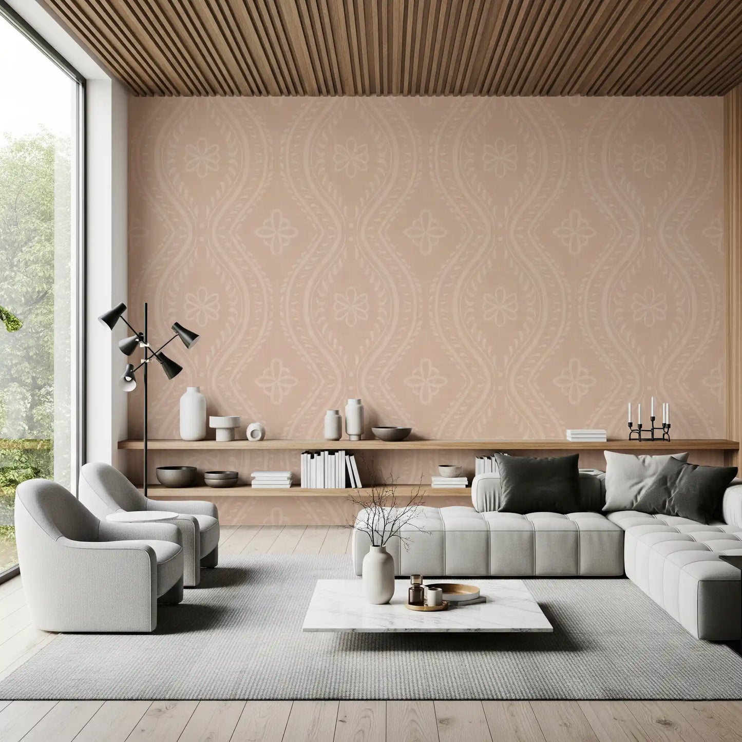 Carta da parati Faded Ogee Damask - Cinnamon Tea