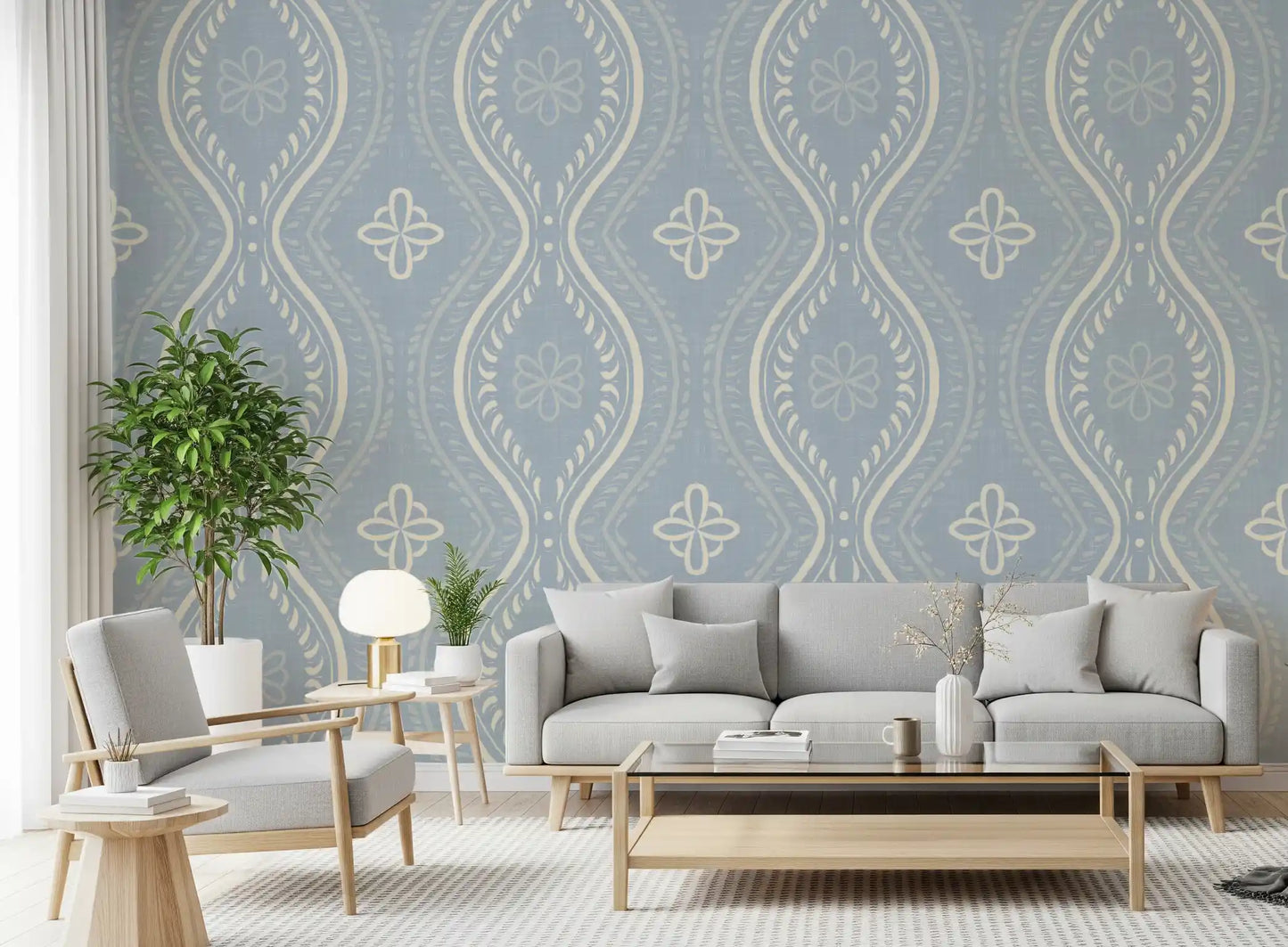 Falmet Ogee-damask – blå tapet i fransk landstil