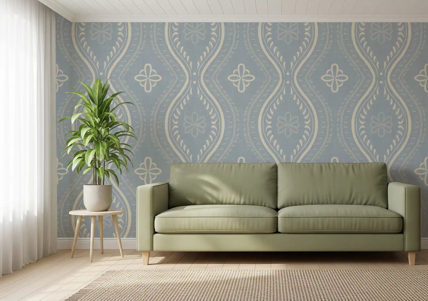 Falmet Ogee-damask – blå tapet i fransk landstil