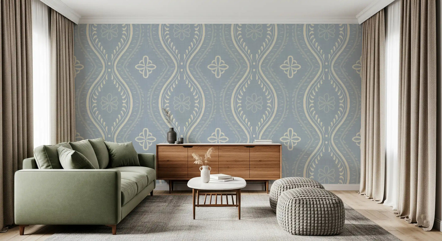 Falmet Ogee-damask – blå tapet i fransk landstil