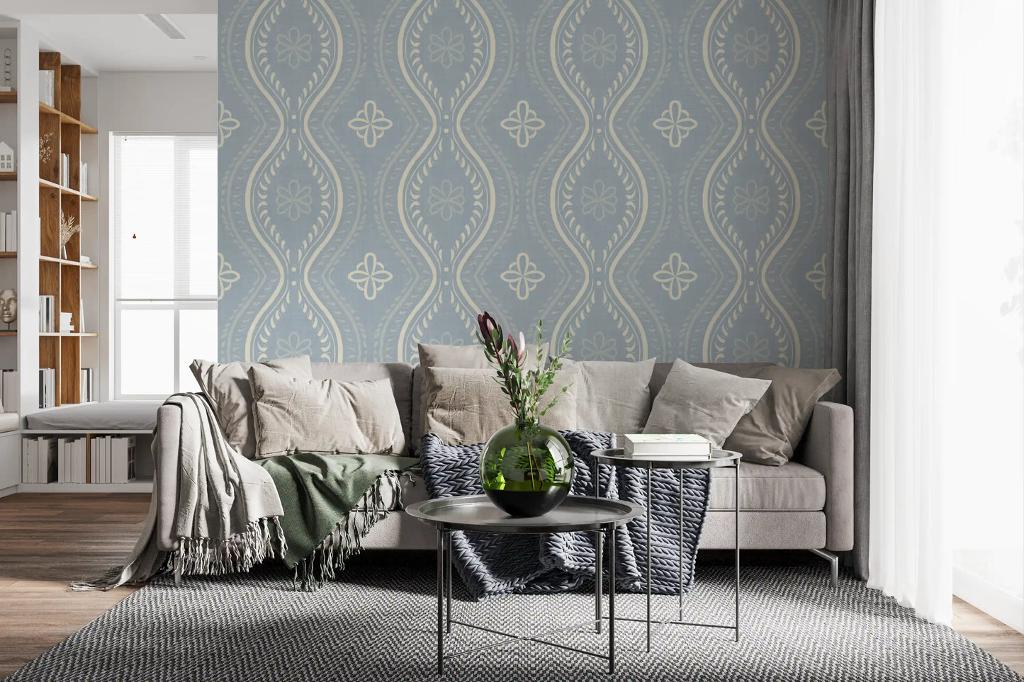 Falmet Ogee-damask – blå tapet i fransk landstil