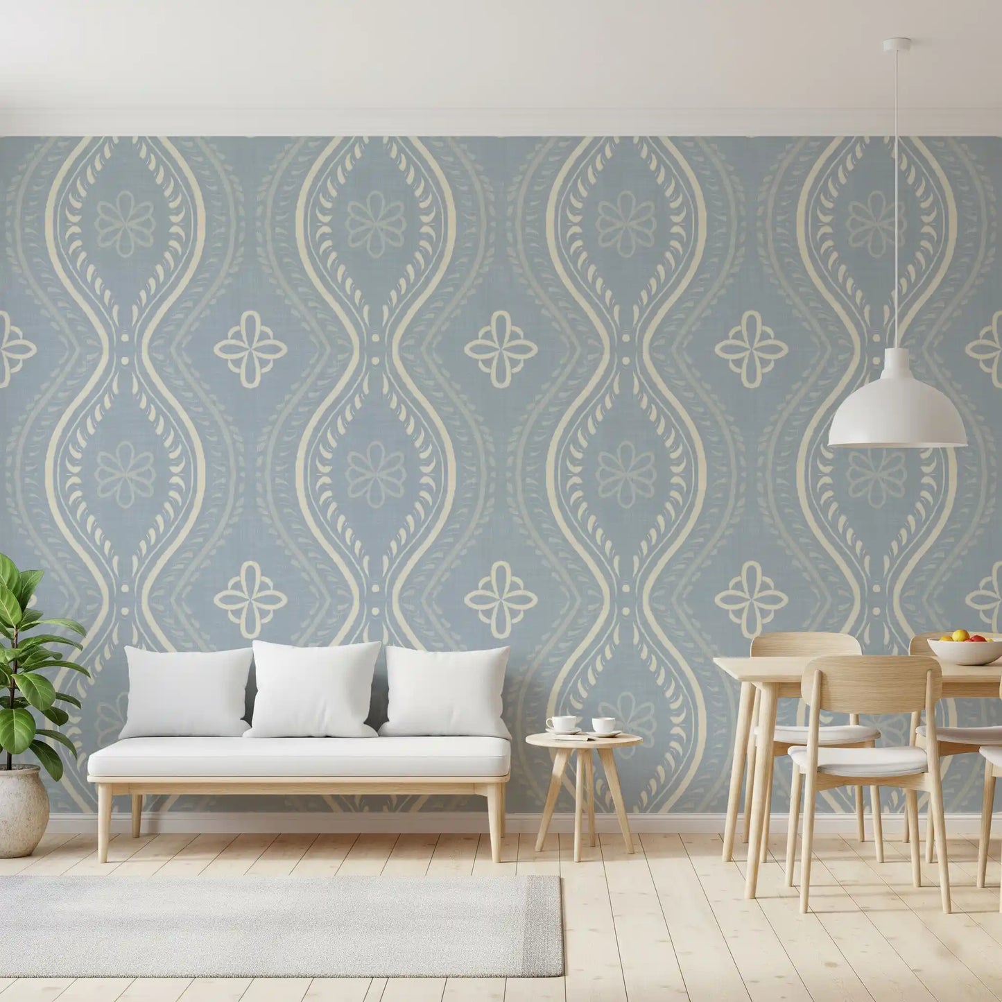Falmet Ogee-damask – blå tapet i fransk landstil