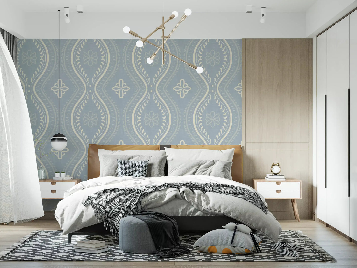Falmet Ogee-damask – blå tapet i fransk landstil
