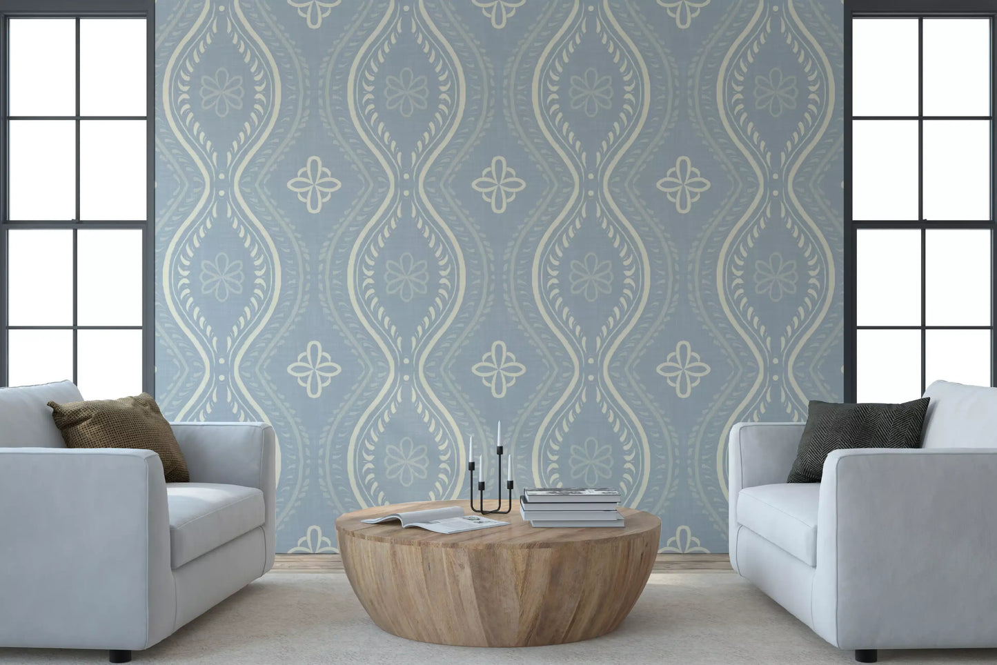 Falmet Ogee-damask – blå tapet i fransk landstil