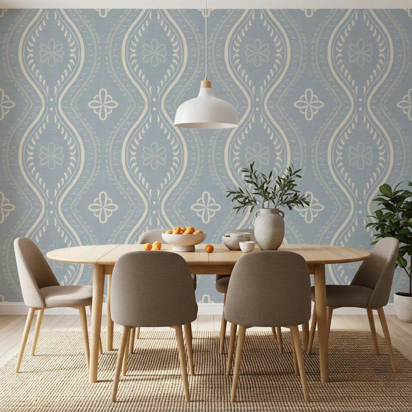 Falmet Ogee-damask – blå tapet i fransk landstil