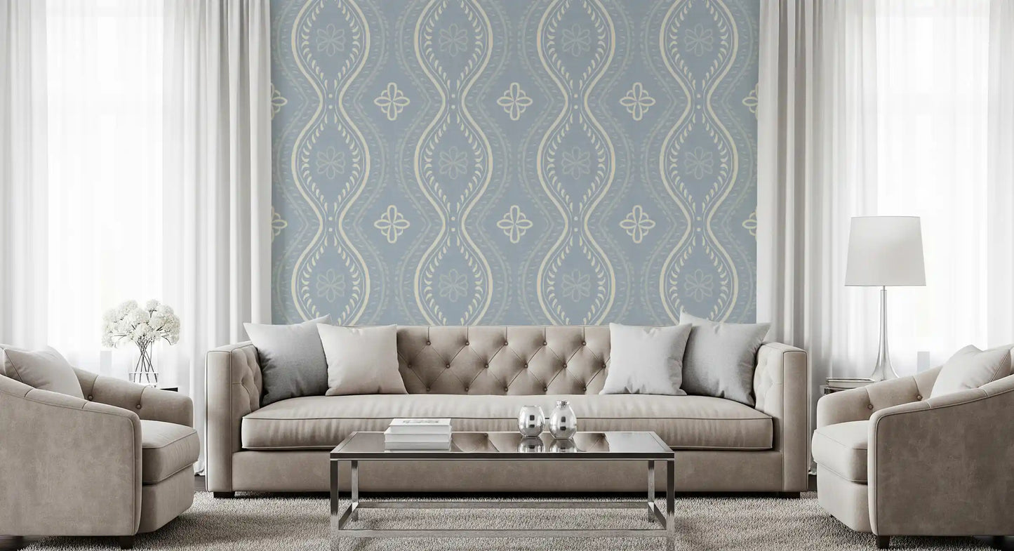 Falmet Ogee-damask – blå tapet i fransk landstil