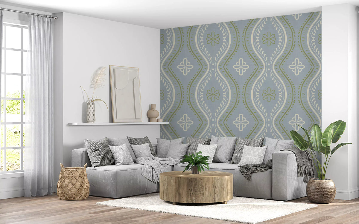 Classic French country damask wallpaper behind a grey sectional and round wood coffee table GD12667