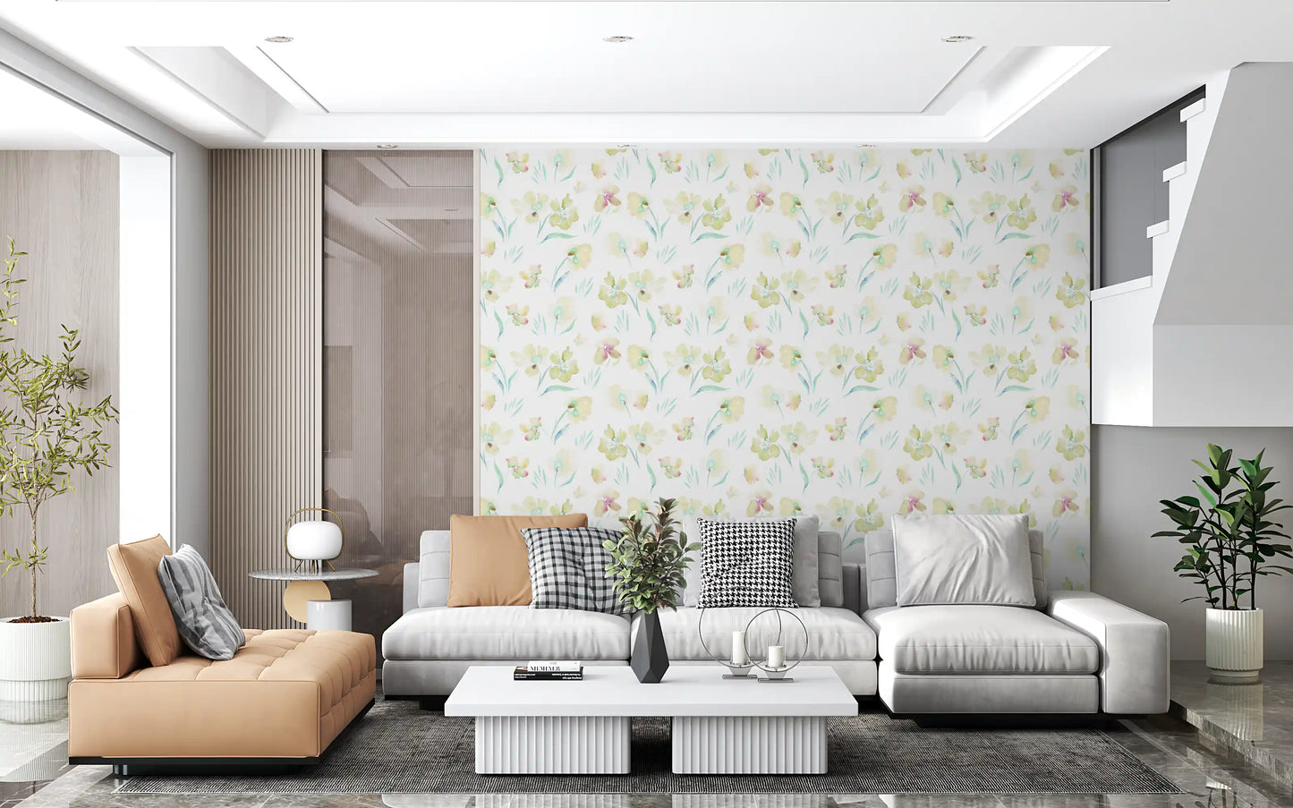 Tapet med illustration af æterisk haveflora