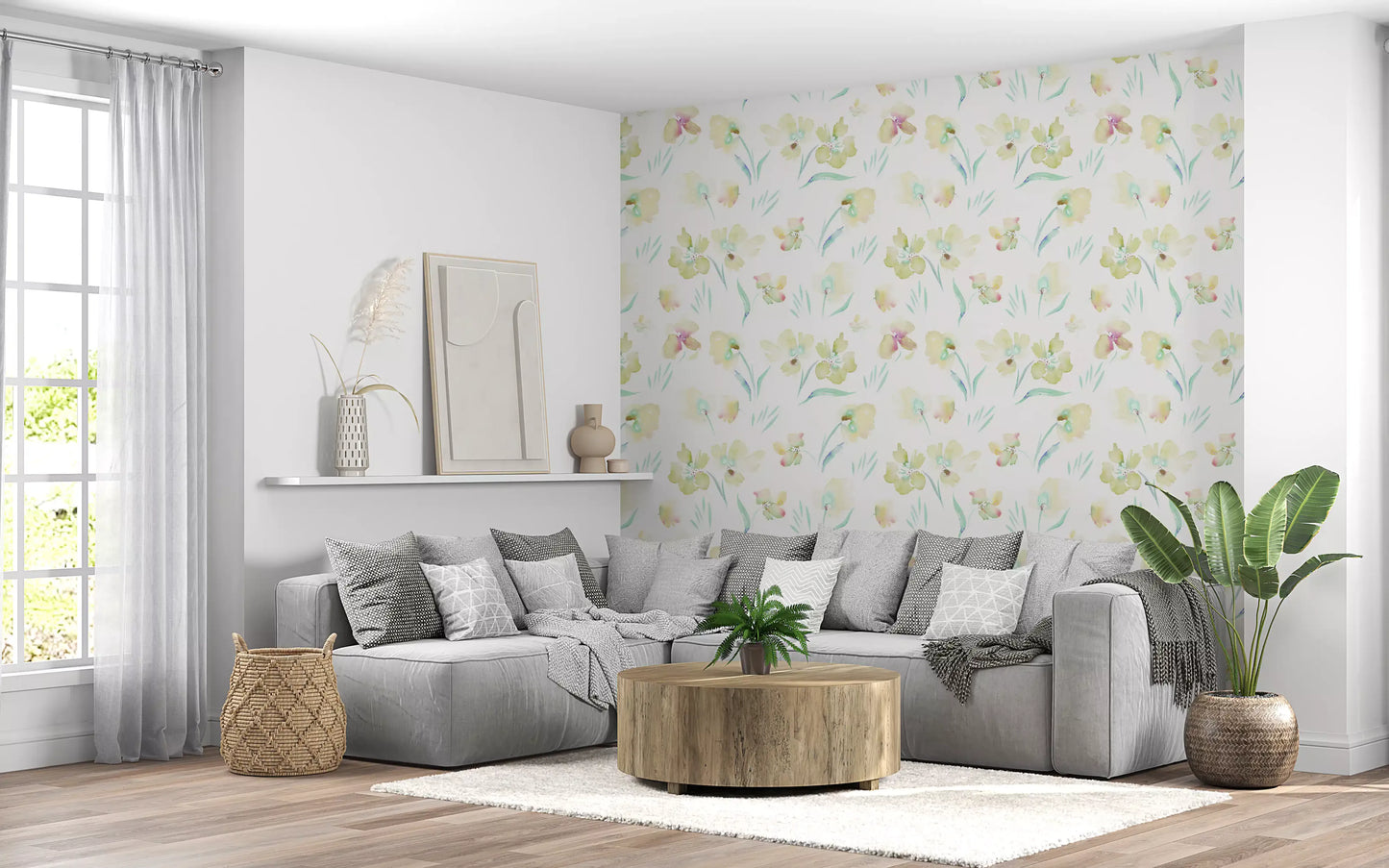Tapet med illustration af æterisk haveflora