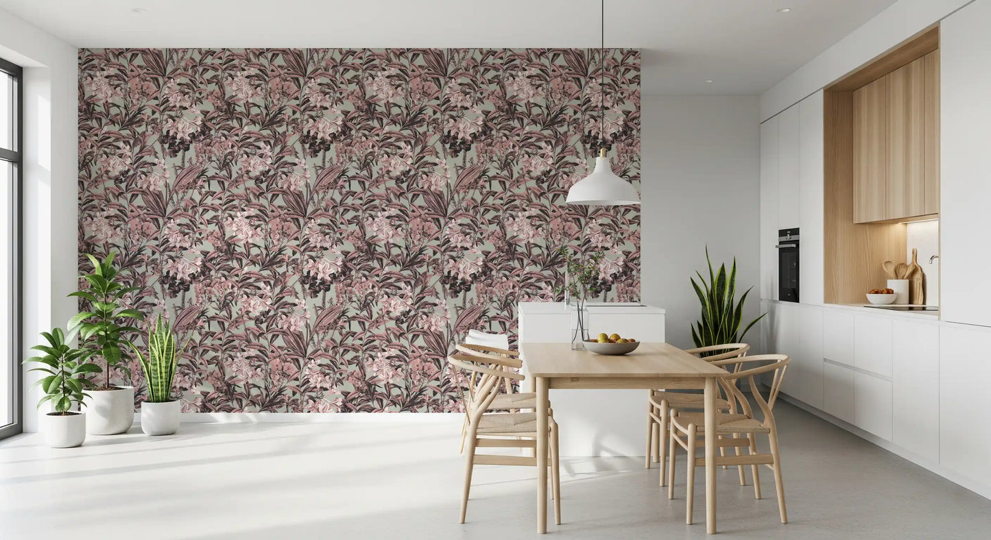 Carta da parati con motivo di giardino di rose e salvia tenue