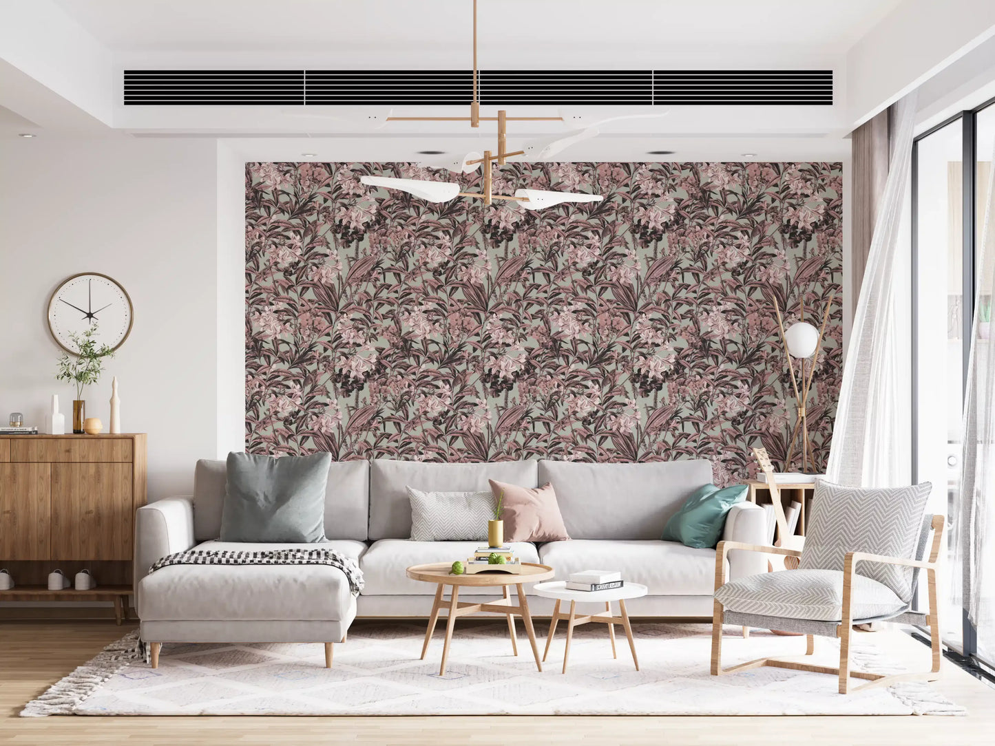 Carta da parati con motivo di giardino di rose e salvia tenue