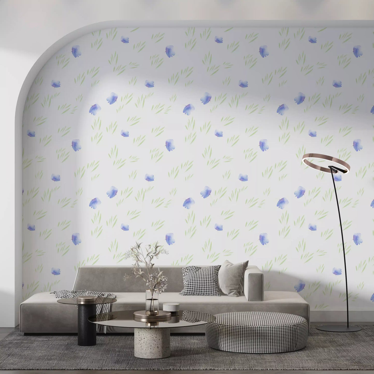 Minimalistisk botanisk tapet med blå kronblade