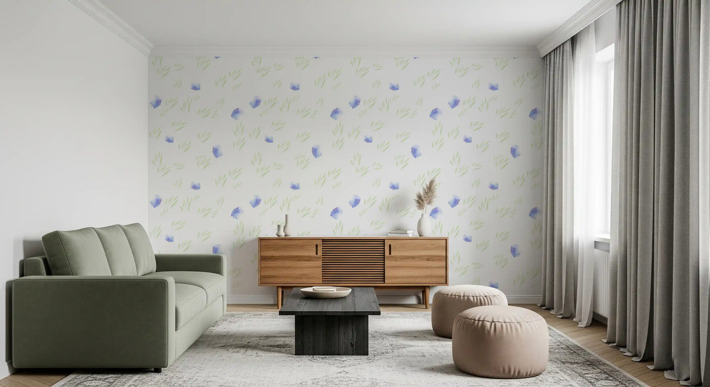 Minimalistisk botanisk tapet med blå kronblade