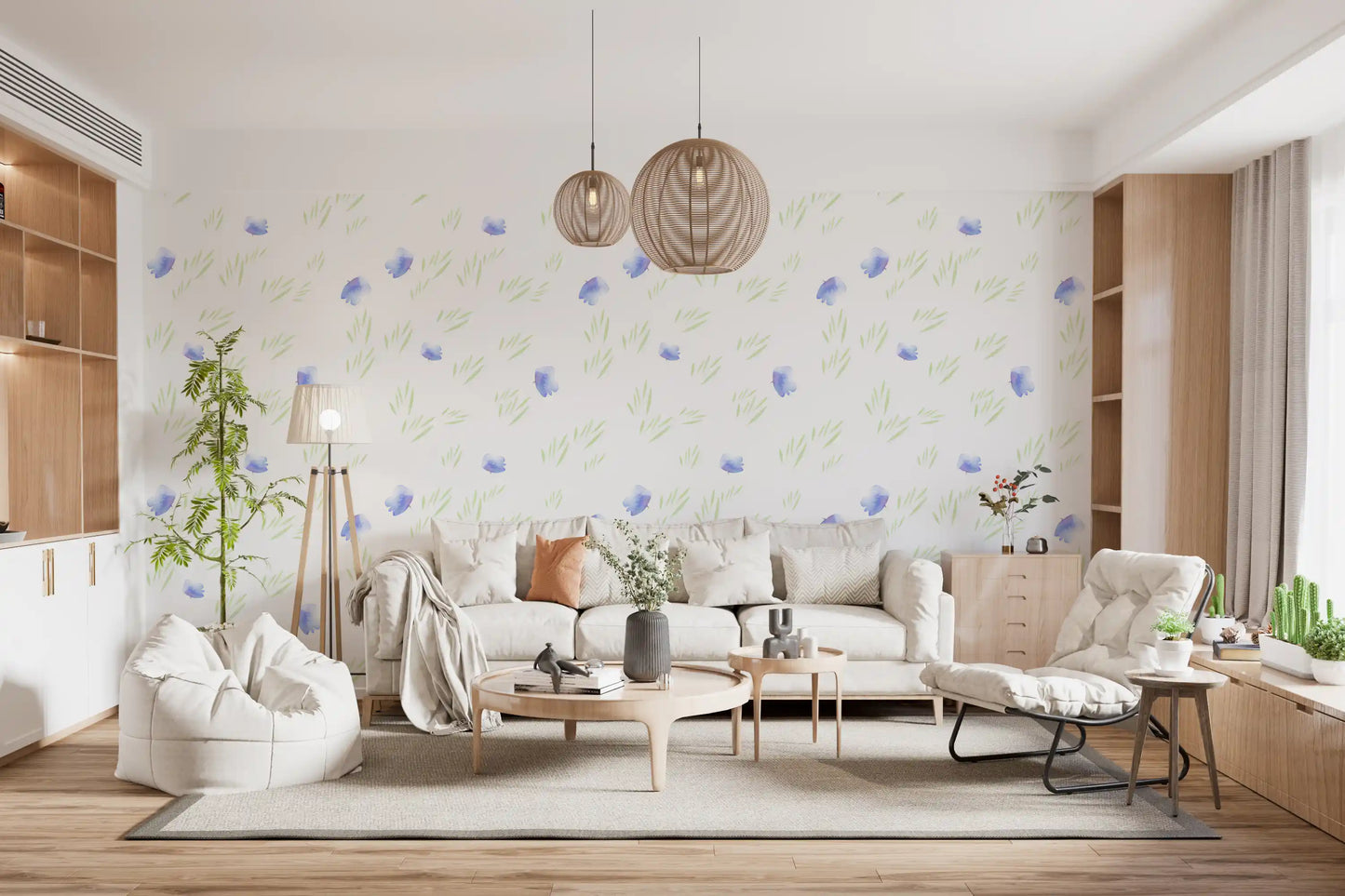 Minimalistisk botanisk tapet med blå kronblade