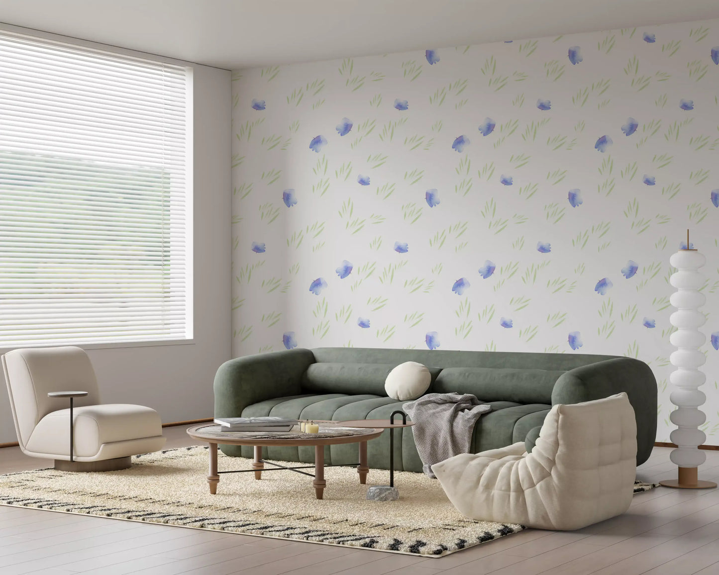 Minimalistisk botanisk tapet med blå kronblade