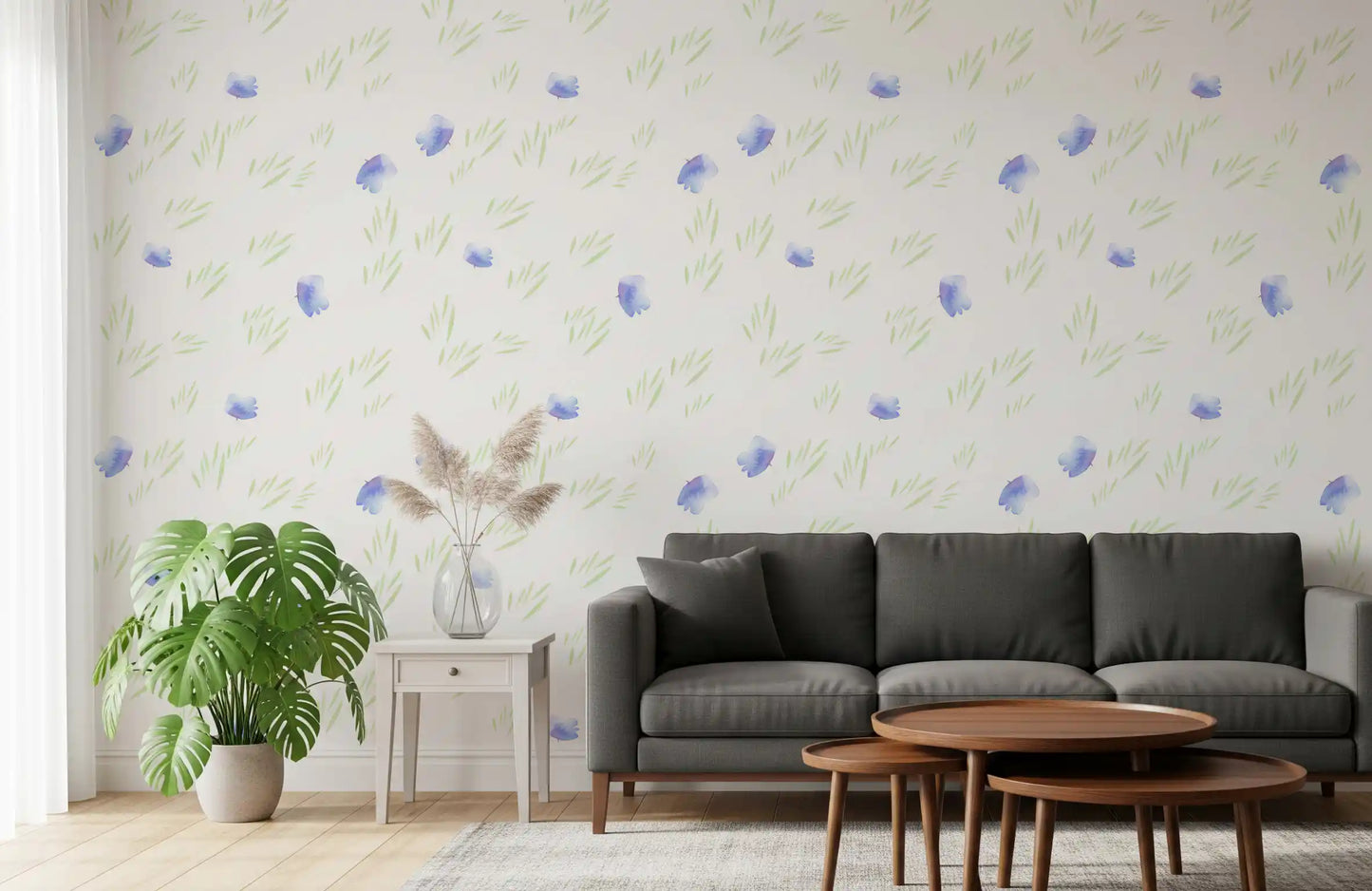 Minimalistisk botanisk tapet med blå kronblade