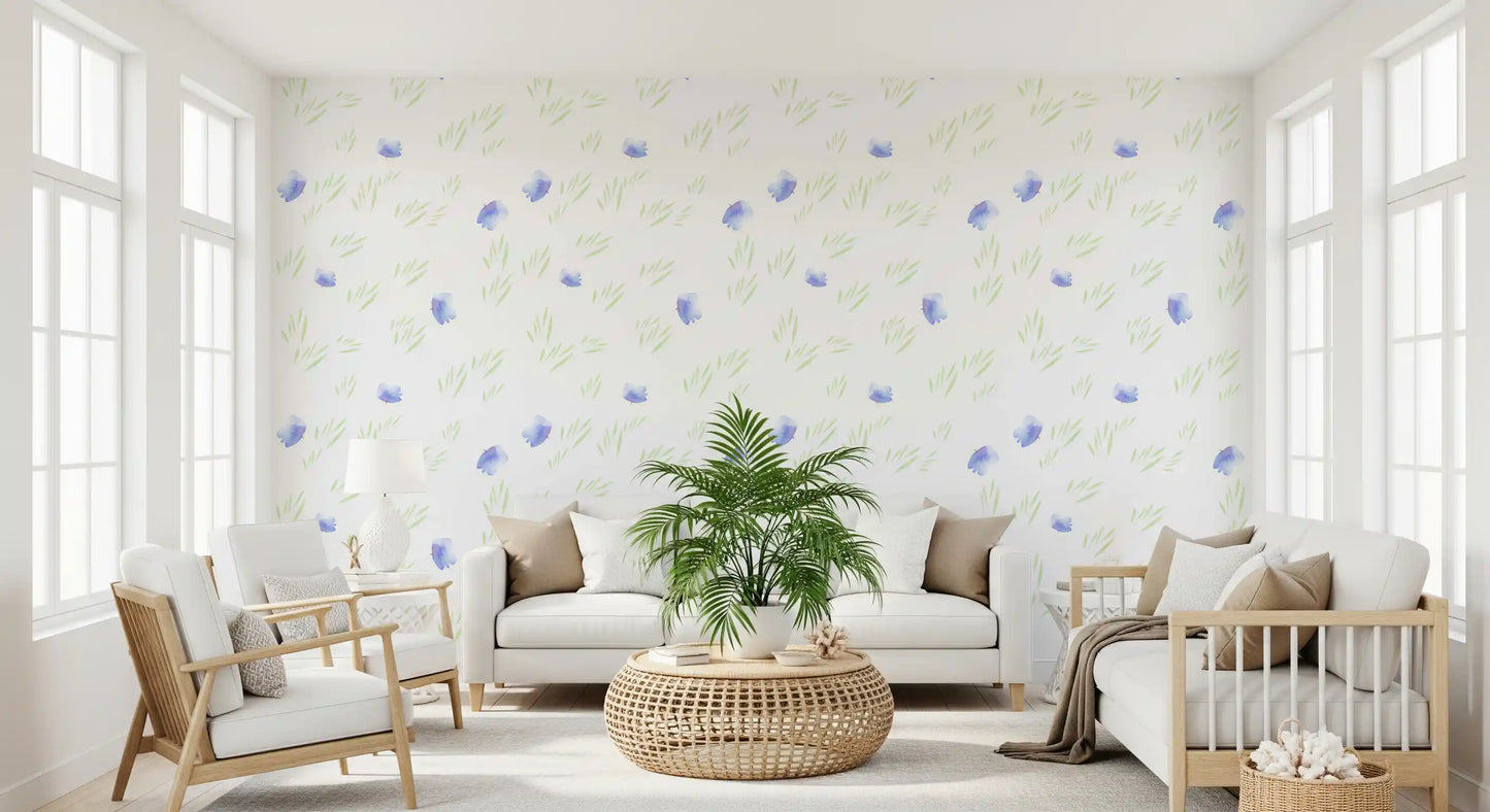 Minimalistisk botanisk tapet med blå kronblade