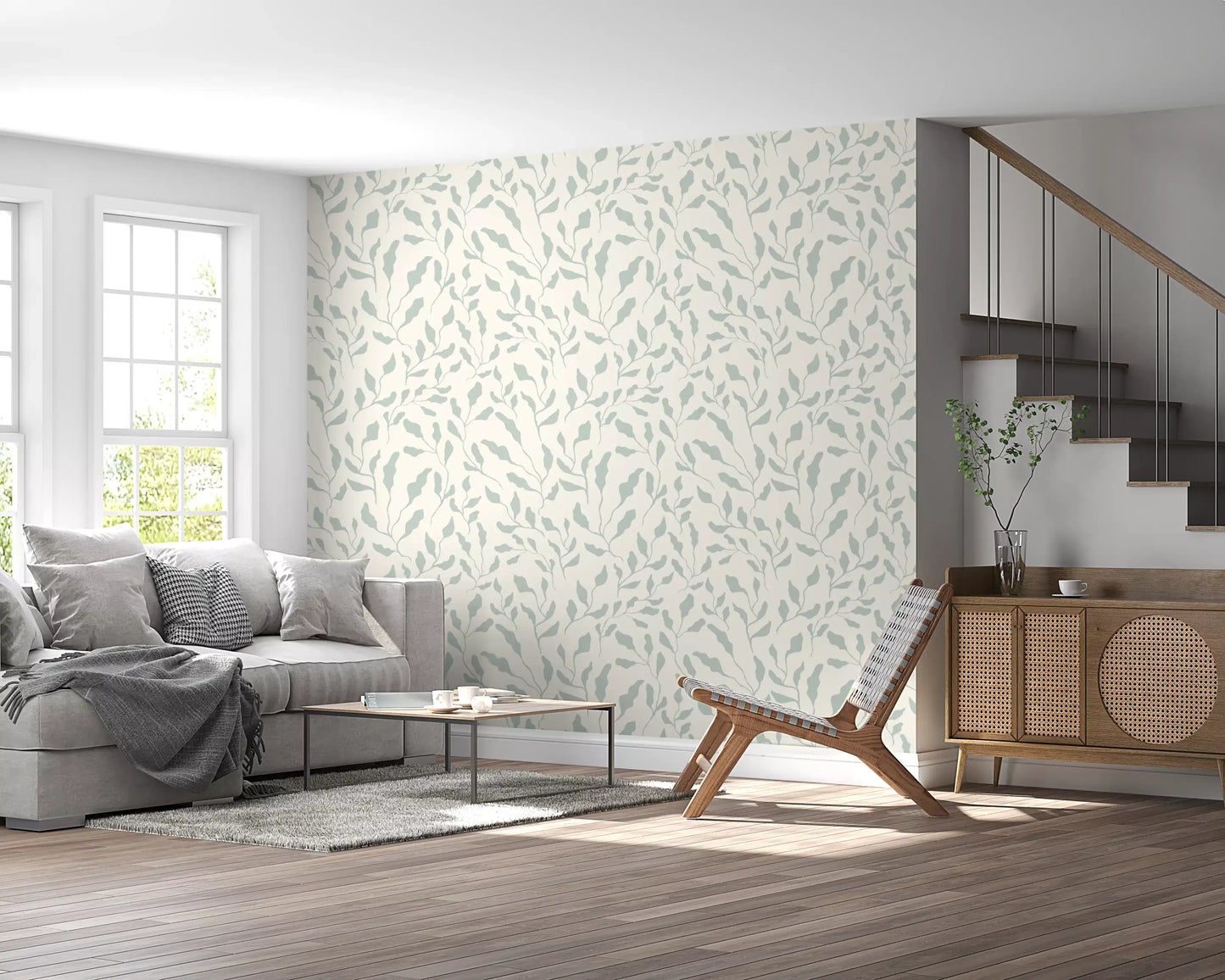 Papel de parede com padrão repetido de folhas em creme e verde-sálvia