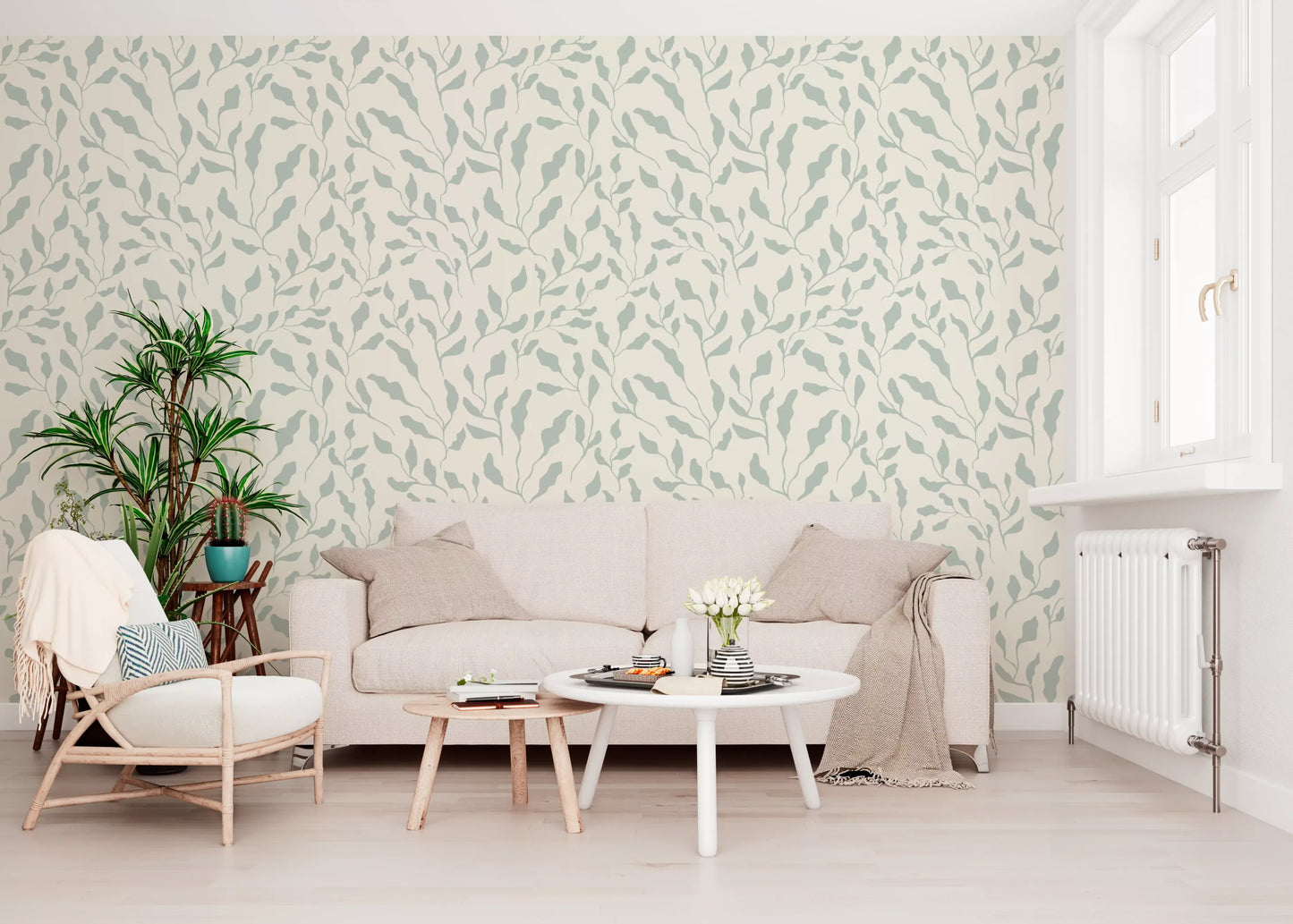 Papel de parede com padrão repetido de folhas em creme e verde-sálvia