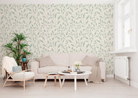 Papel de parede com padrão repetido de folhas em creme e verde-sálvia
