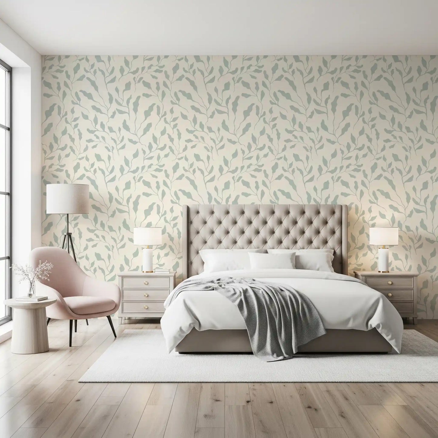 Papel de parede com padrão repetido de folhas em creme e verde-sálvia