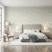 Papel de parede com padrão repetido de folhas em creme e verde-sálvia