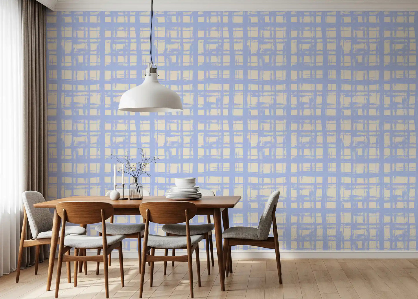 Abstrakte cremefarbene und blaue Karotapete