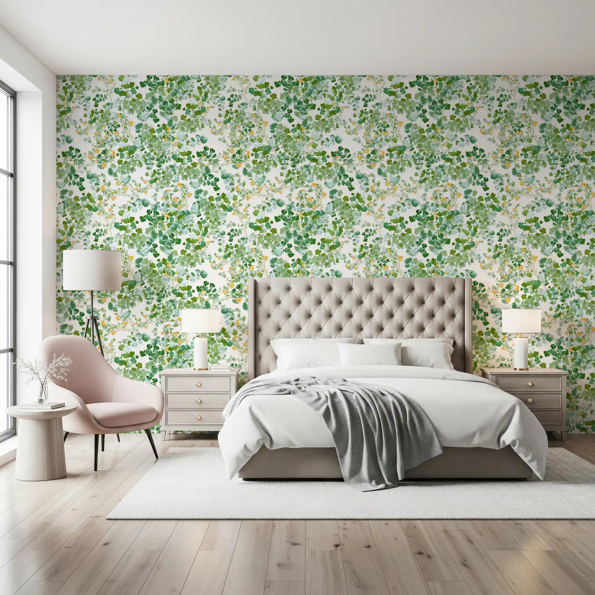 Papel de parede com folhagem e bagas de bosque verdejante