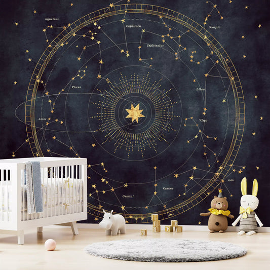 Papier peint panoramique mural Roue astrologique indigo