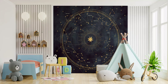 Papier peint panoramique mural Roue astrologique indigo