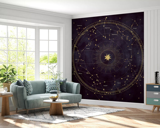 Papier peint panoramique mural Roue astrale aubergine