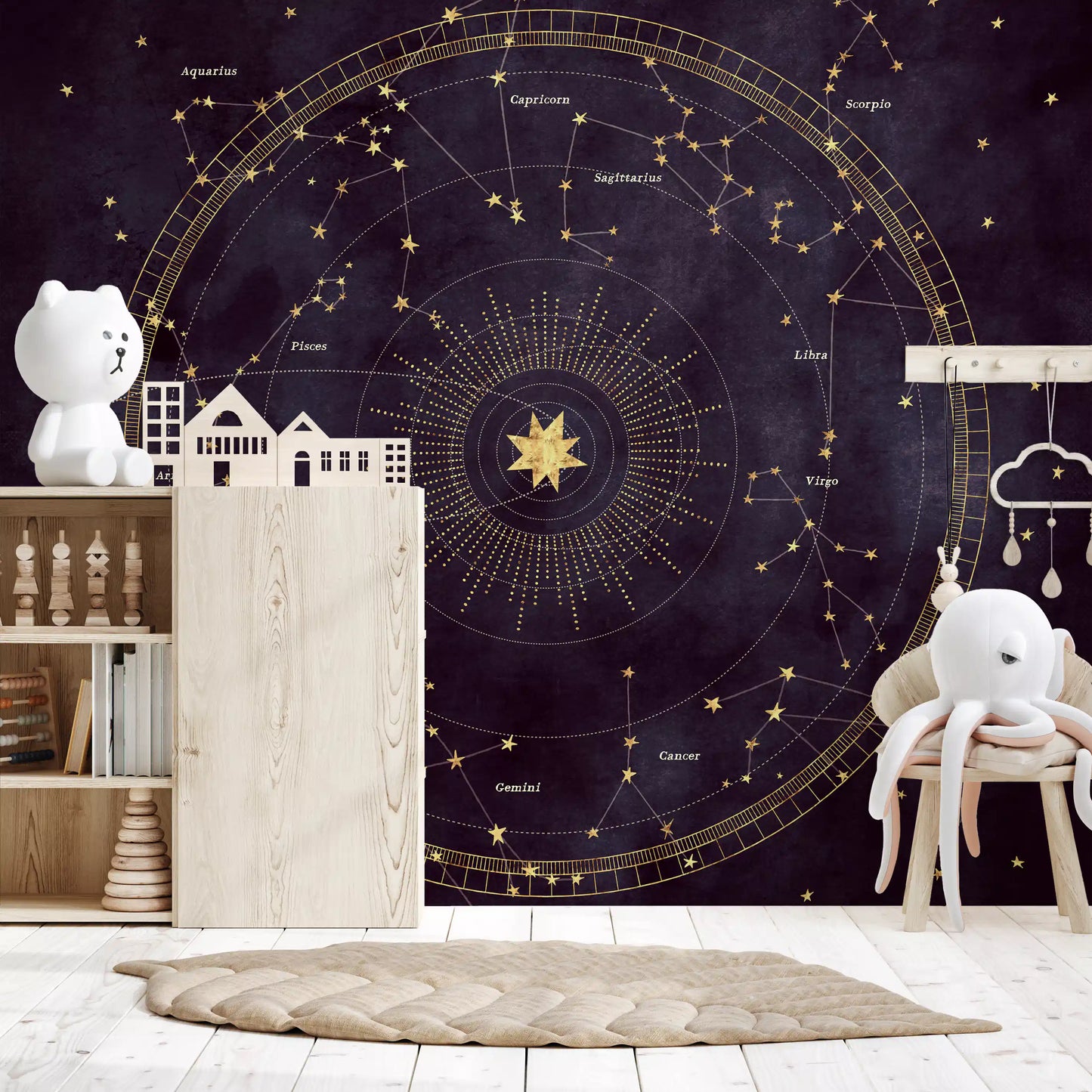 Papier peint panoramique mural Roue astrale aubergine