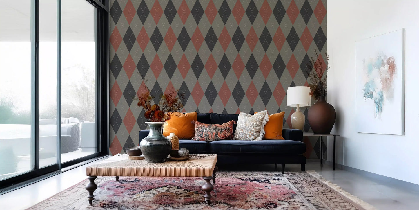 Winter Heritage - Argyle Harlequin Geometrisch Tijdloos - Behang in een Diepe, Krachtige Kleur