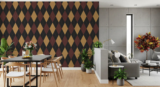 Black and mustard argyle geometric wallpaper behind a black dining table and plants GD12719