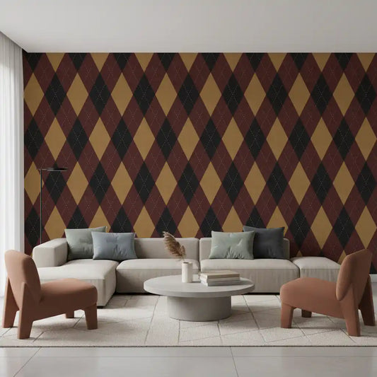 Dark moody diamond wallpaper in a living room with grey sofa and brown chairs GD12726