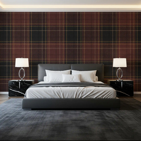 Winter Heritage – Tartan-Karo-Schottenmuster-Block – Tapete in dunkler, stimmungsvoller Farbgebung
