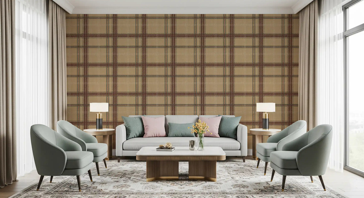 Winterliches Erbe – Fensterkaro-Tartan-Karomuster – Tapete in warmem Erdton