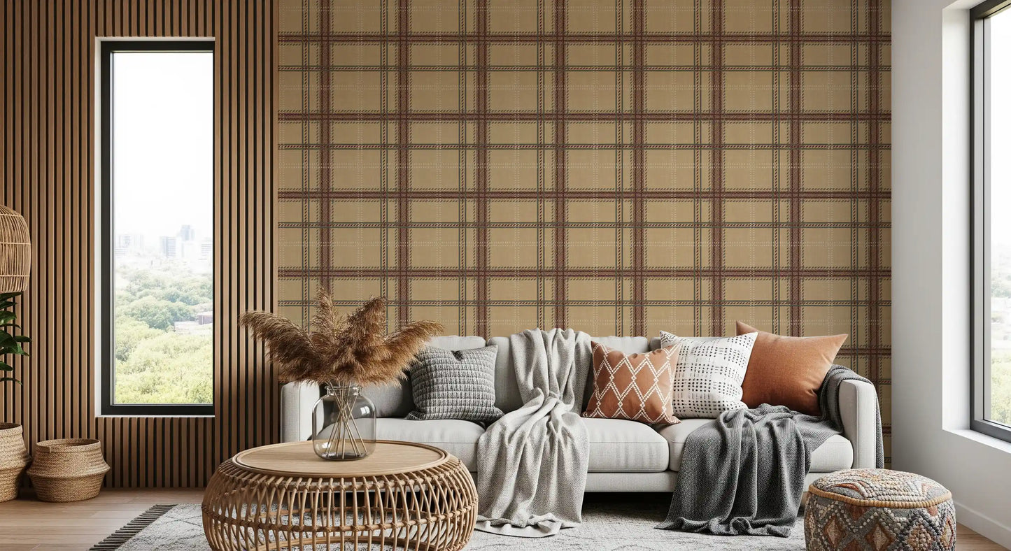 Winterliches Erbe – Fensterkaro-Tartan-Karomuster – Tapete in warmem Erdton