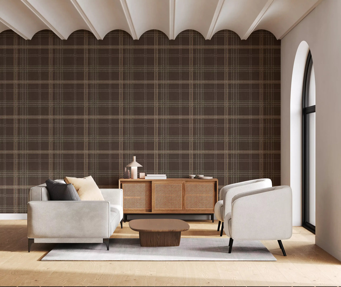 Winter Heritage – Karierter Tartan im Fensterscheibenmuster – Tapete in sanftem Taupe-Mix