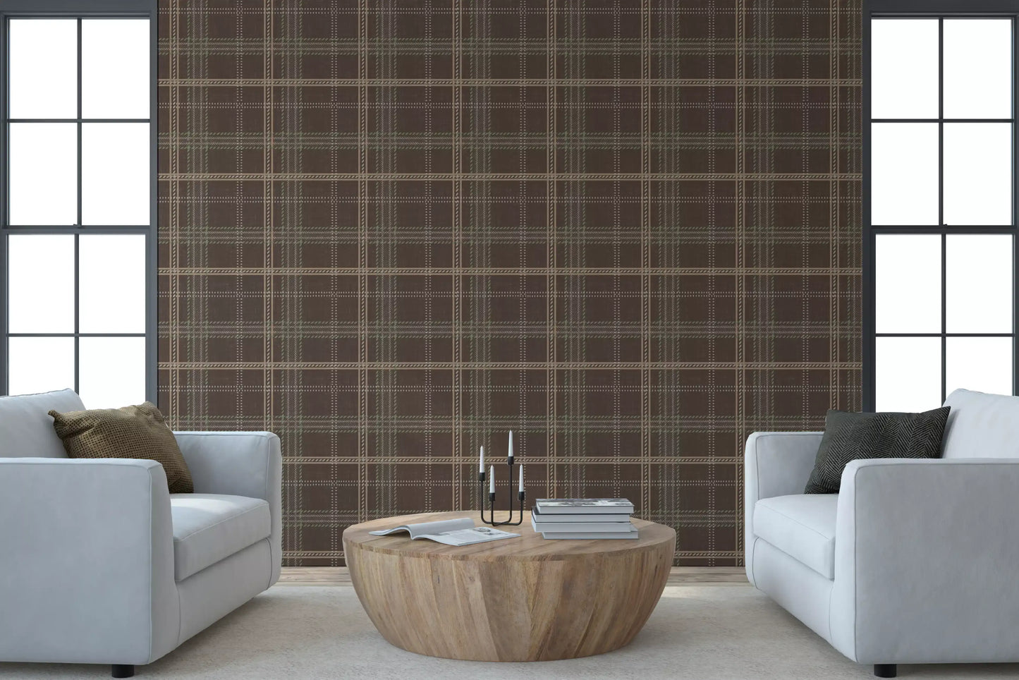 Winter Heritage – Karierter Tartan im Fensterscheibenmuster – Tapete in sanftem Taupe-Mix