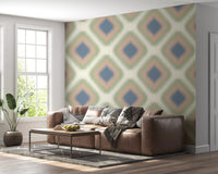 Heritage Ikat – Rautenmuster-Tapete im Grandmillennial-Stil in Denimblau und Blush-Pink