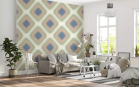 Heritage Ikat – Rautenmuster-Tapete im Grandmillennial-Stil in Denimblau und Blush-Pink