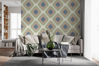Heritage Ikat – Rautenmuster-Tapete im Grandmillennial-Stil in Denimblau und Blush-Pink