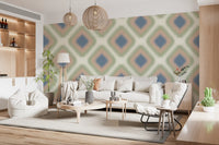 Heritage Ikat – Rautenmuster-Tapete im Grandmillennial-Stil in Denimblau und Blush-Pink