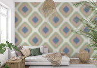 Heritage Ikat – Rautenmuster-Tapete im Grandmillennial-Stil in Denimblau und Blush-Pink
