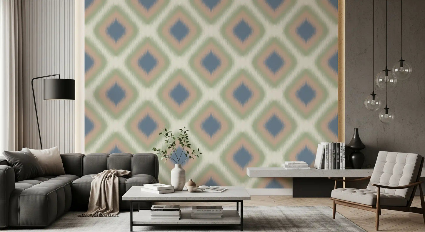 Heritage Ikat – Rautenmuster-Tapete im Grandmillennial-Stil in Denimblau und Blush-Pink