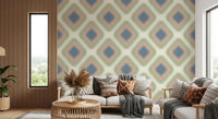 Heritage Ikat – Rautenmuster-Tapete im Grandmillennial-Stil in Denimblau und Blush-Pink